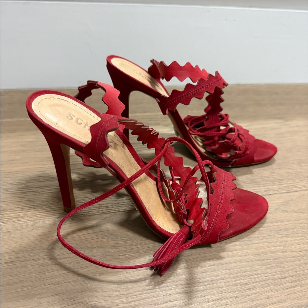 SCHUTZ Red Ruffle Strap Heels - Picture 2 of 3